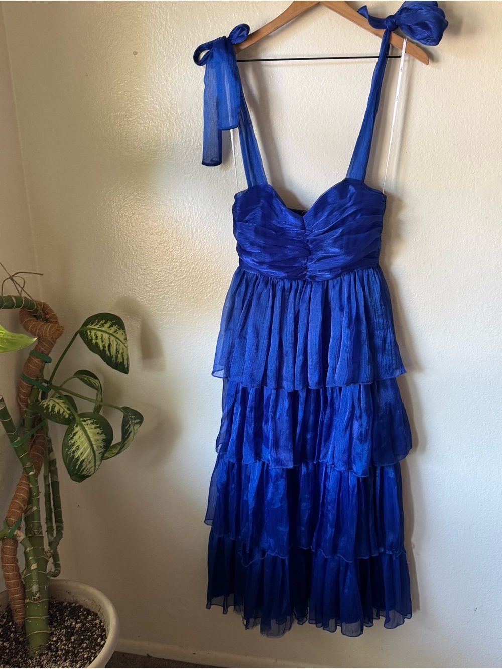 Lulus | Radiant Arrival Shiny Blue Organza Tiered Tie-Strap Maxi Dress - Picture 2 of 7